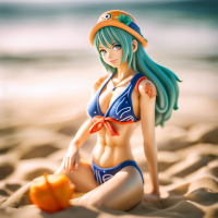 Immerse in the captivating portrait of a Produce a full body portrait of a Nami from One Piece on the Beach in a swimsuit, The sand at her feet, a boat in the distance, she is wearing a swimming outfit. This photoshoot, meticulously crafted, showcases her beauty with precision. Shot on a 25mm lens, depth of field and tilt blur create a compelling narrative. With settings like 1/1000 shutter speed, F/22 aperture, and calibrated white balance, the breathtaking 32k resolution reveals remarkable details. Super-resolution preserves nuances, while Pro Photo RGB enriches colors. Lighting techniques, from half rear to backlighting, accentuate elegance. Volumetric, Conte-Jour, and global illumination add depth. Scattering, reflections, and artistic elements enhance realism. Technical advancements like anti-aliasing and ambient occlusion refine quality. Prepare for an extraordinary blend of photography and CGI, where intricacy meets grace. –v 5.2 –style raw –ar 16:9