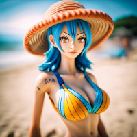 Immerse in the captivating portrait of a Produce a full body portrait of a Nami from One Piece on the Beach in a swimsuit, The sand at her feet, she is wearing a swimming outfit. This photoshoot, meticulously crafted, showcases her beauty with precision. Shot on a 25mm lens, depth of field and tilt blur create a compelling narrative. With settings like 1/1000 shutter speed, F/22 aperture, and calibrated white balance, the breathtaking 32k resolution reveals remarkable details. Super-resolution preserves nuances, while Pro Photo RGB enriches colors. Lighting techniques, from half rear to backlighting, accentuate elegance. Volumetric, Conte-Jour, and global illumination add depth. Scattering, reflections, and artistic elements enhance realism. Technical advancements like anti-aliasing and ambient occlusion refine quality. Prepare for an extraordinary blend of photography and CGI, where intricacy meets grace. –v 5.2 –style raw –ar 16:9