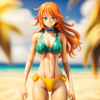 Immerse in the captivating portrait of a Produce a full body portrait of a Nami from One Piece on the Beach in a swimsuit, The sand at her feet, she is wearing a swimming outfit. This photoshoot, meticulously crafted, showcases her beauty with precision. Shot on a 25mm lens, depth of field and tilt blur create a compelling narrative. With settings like 1/1000 shutter speed, F/22 aperture, and calibrated white balance, the breathtaking 32k resolution reveals remarkable details. Super-resolution preserves nuances, while Pro Photo RGB enriches colors. Lighting techniques, from half rear to backlighting, accentuate elegance. Volumetric, Conte-Jour, and global illumination add depth. Scattering, reflections, and artistic elements enhance realism. Technical advancements like anti-aliasing and ambient occlusion refine quality. Prepare for an extraordinary blend of photography and CGI, where intricacy meets grace. –v 5.2 –style raw –ar 16:9